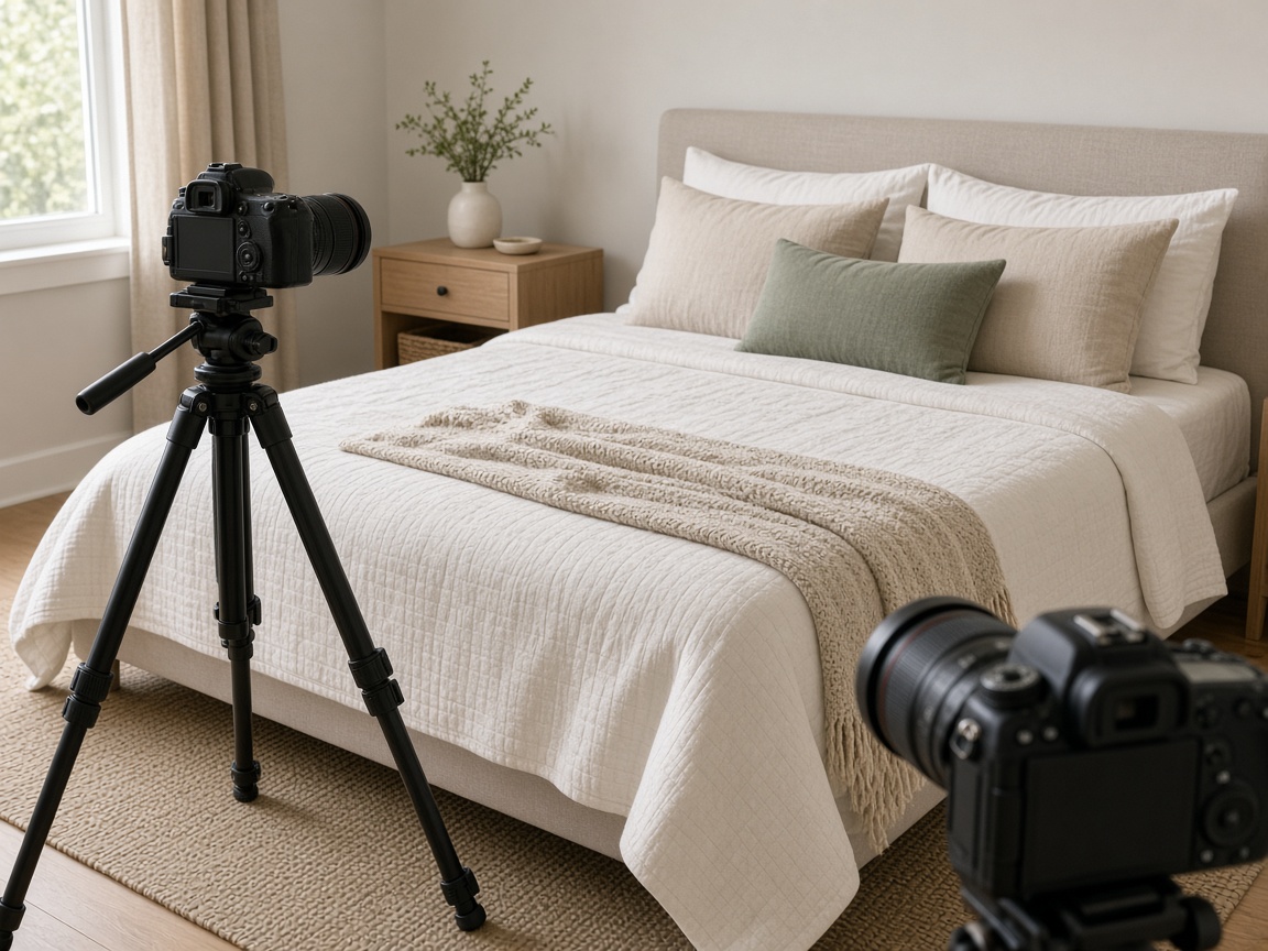 Two cameras covering a tidy bedroom set from different angles