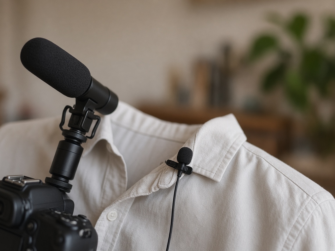 Camera shotgun microphone and a lavalier clipped to a shirt