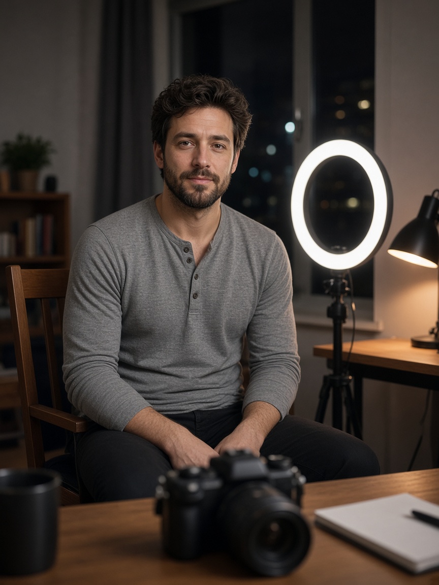 Person lit from the front by a lamp and ring light