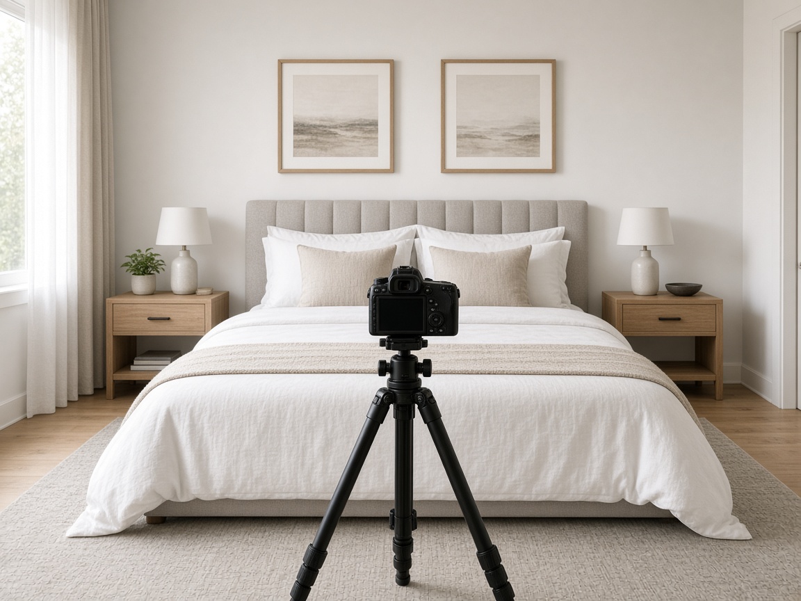 Tidy bedroom set with a made bed and a camera on a tripod