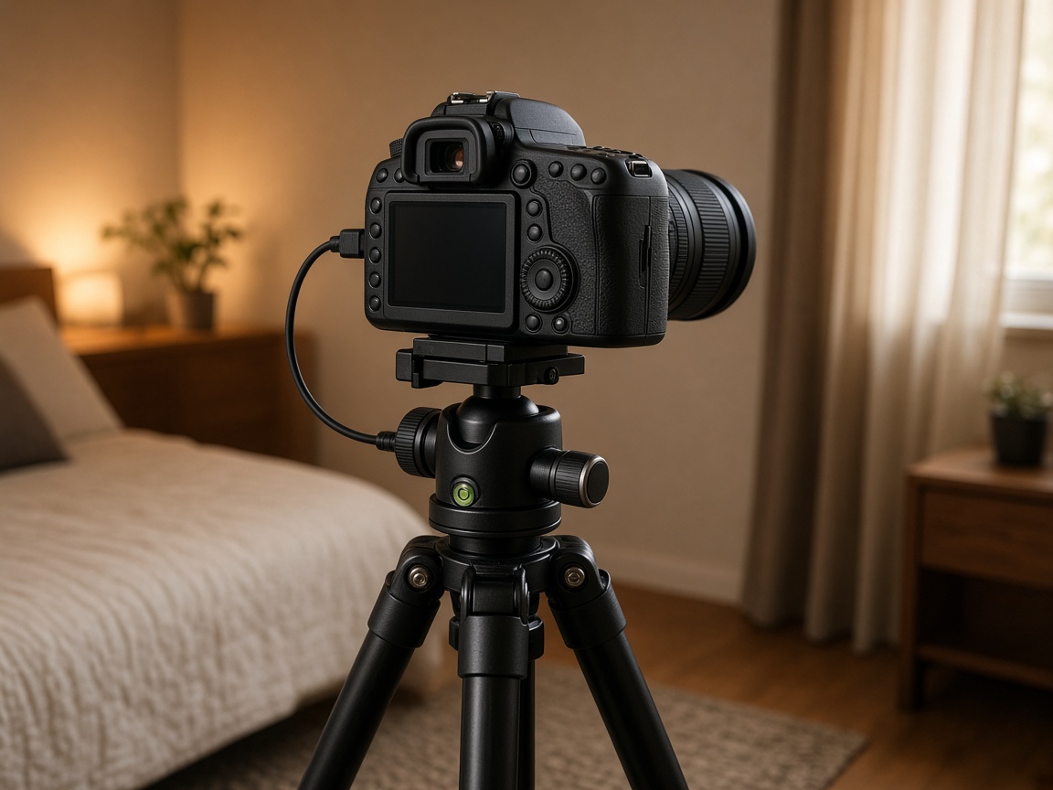 Camera locked on a tripod in a bedroom