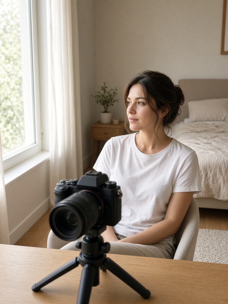 Daylight from a window lighting a person from the front, with a camera on a tripod